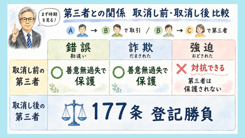 錯誤・詐欺・強迫 気を付けたいのは錯誤かな?要件とその例外は必須だね